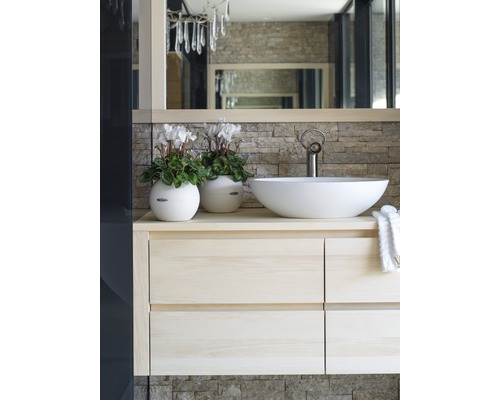 Badrum med tvättställ, tvättställsskål, armatur och dekoration