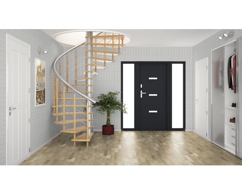 Entré med spiraltrappa, ytterdörr och garderob