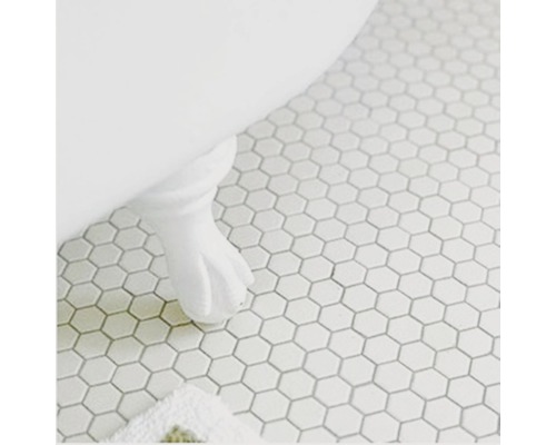 Detalj av ett badkar med fötter och sexkantiga golvplattor i badrummet