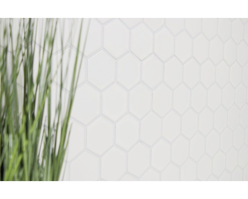 Bakgrund med vita hexagonformade plattor och suddigt dekorationsgräs