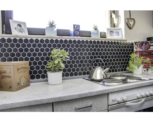 Köksscen med sexkantiga plattor, spishäll, tekanna och krukväxter