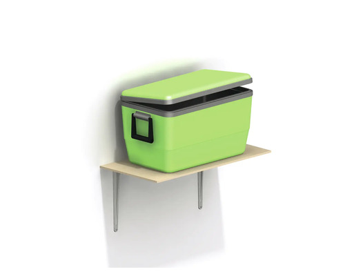 Grön kylbox med delvis öppet lock på en hylla