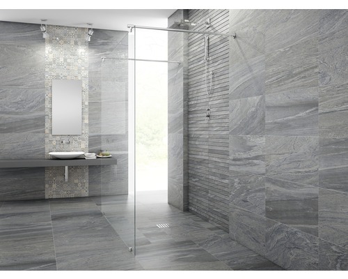 Modernt badrum med grå kakel, dusch och handfat