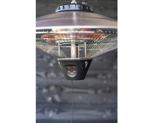 Hängande terrassvärmare för utomhusbruk med värmespiraler och kontrollelement.