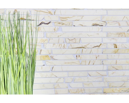 Väggplattor med stenutseende och dekorativt gräs