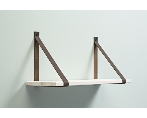 Vägghylla med trähylla och två läderremmar för upphängning