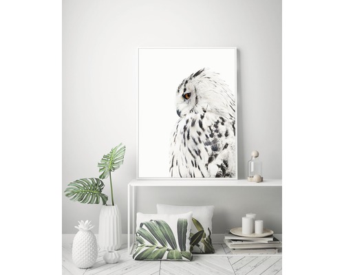 Dekorativ bild av ett porträtt av en snöuggla i en ram