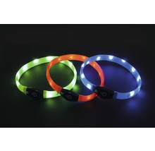 Tre LED-halsband för hundar i grönt, orange och blått