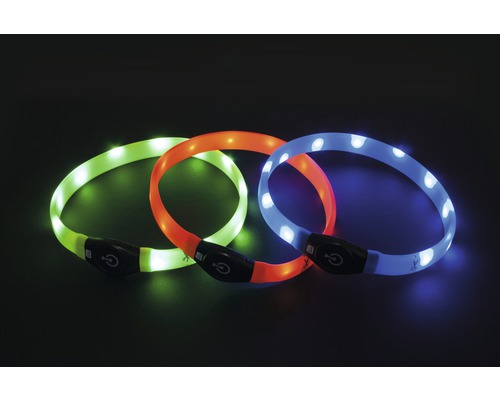 Tre LED-halsband för hundar i grönt, orange och blått
