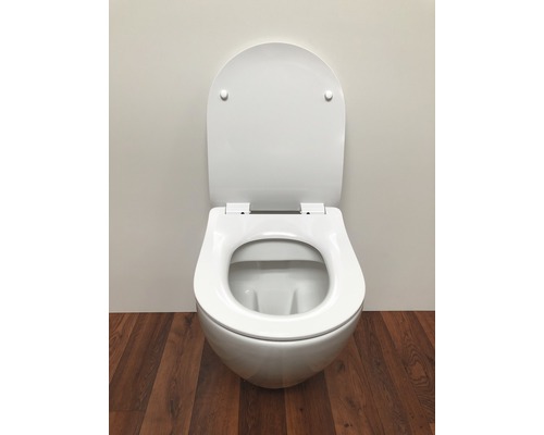 Vägghängd toalett med djup spolning, öppen spolkant och toalettlock