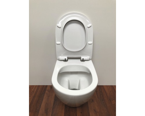 Vägghängd toalett med djup spolning, öppen spolkant och uppfällt säte