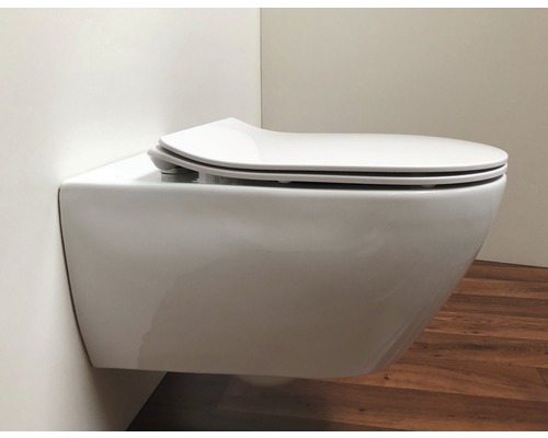 Vägghängd toalett med sluten spolkant och toalettsits