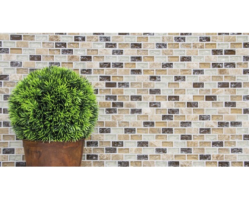 Dekorativ vägg med mosaikplattor och krukväxt