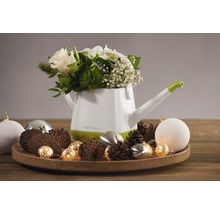 Lechuza vattenkanna med blomsterarrangemang på träbricka med dekoration