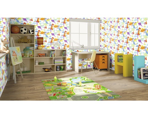 Barnrum med skrivbord, bokhylla och tapet med dinosaurier