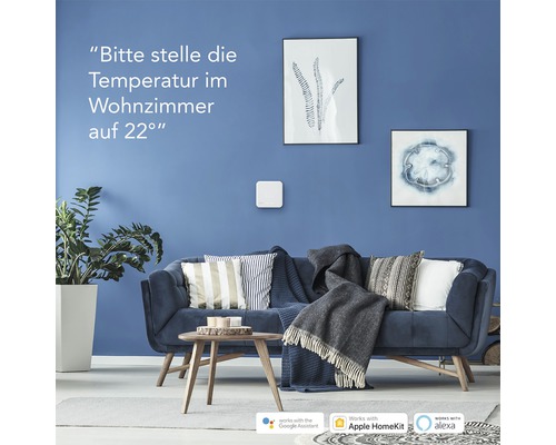 Vardagsrum med radiatortermostat, soffa och dekoration