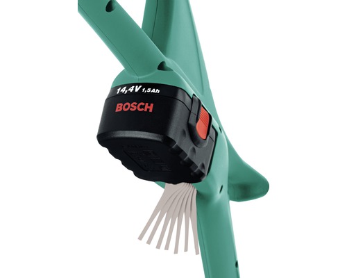Batteridriven grästrimmer med 14,4 V batteri och plastknivar