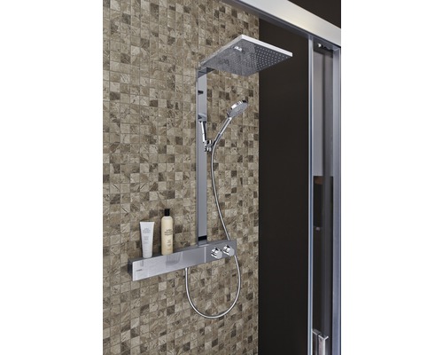 Duschsystem med huvud- och handdusch samt förvaringshylla i badrummet