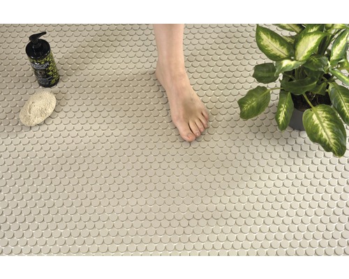 Miljöbild med rund mosaik, en fot, en växt, en svamp och en tvålflaska