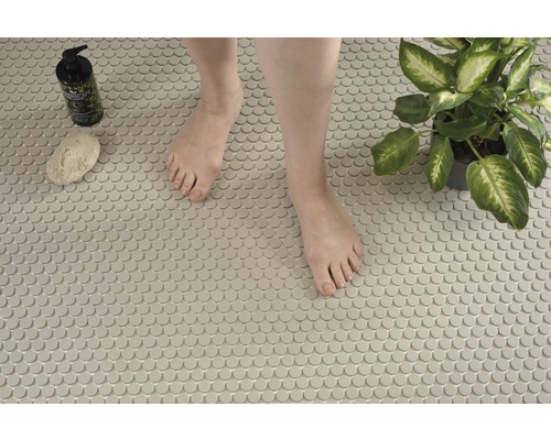 Badrum med mosaikplattor, tvål, pimpsten och krukväxt