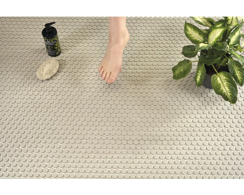Mosaikplattor i badrum med fot, växt, pimpsten och tvål