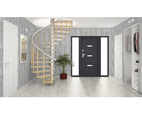 Ljus hall med spiraltrappa, innerdörrar och garderob