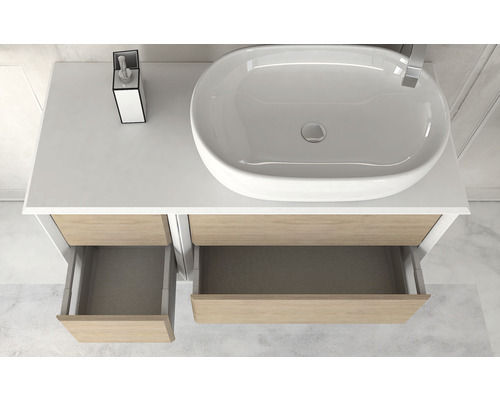 Tvättställsskåp med bänkskiva och öppna lådor