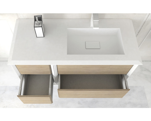 Tvättställsskåp med två öppna lådor, handfat och blandare