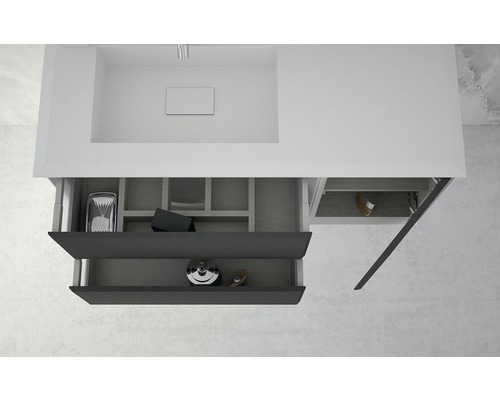 Tvättställ med öppna lådor för förvaring av badrumsartiklar