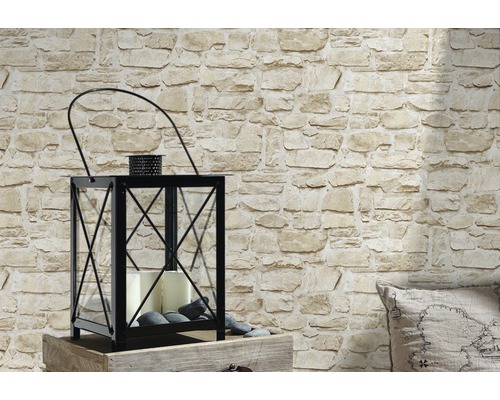 Fototapet med stenmurutseende och svart lykta