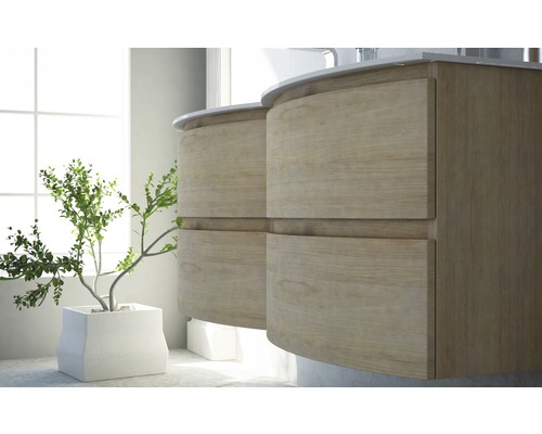 Badrum med två handfat i trä och växt i kruka