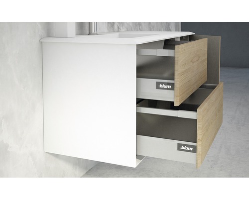 Tvättställsskåp med två öppna lådor med träfront