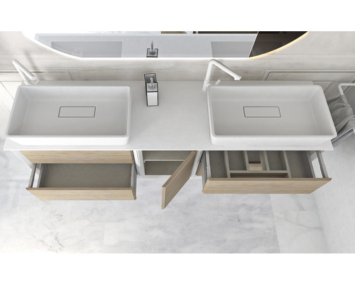 Dubbel handfat med öppna lådor och rektangulära tvättställsskålar i badrummet