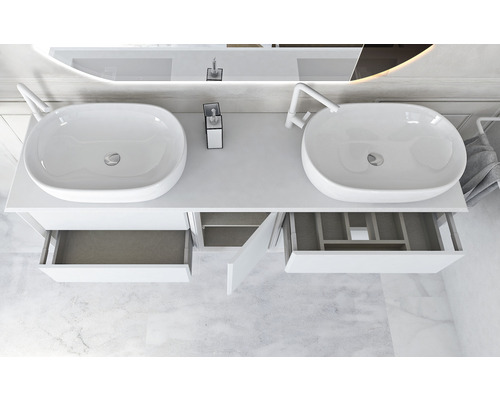 Dubbeltvättställ med öppna lådor och handfat i keramik