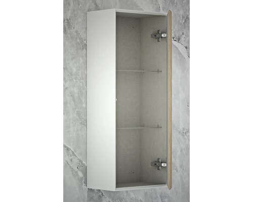 Öppet, vitt väggskåp med två glashyllor