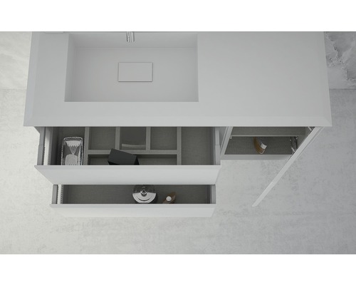 Tvättställsskåp med öppna lådor och förvaringsutrymme