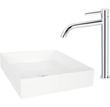 Fyrkantig tvättställsskål i sanitetskeramik med armatur
