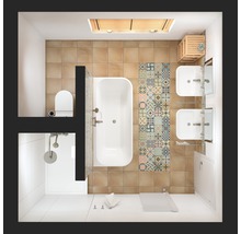 Fågelperspektiv av ett badrum med badkar, dusch, toalett och handfat