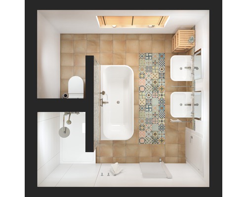 Fågelperspektiv av ett badrum med badkar, dusch, toalett och handfat