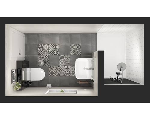 Vy från ovan av ett badrum med toalett, handfat och dusch bredvid ett träningsområde med bänkpress.