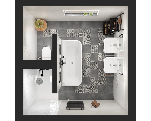 Toppvy av ett badrum med badkar, dusch, handfat och toalett