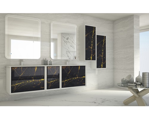 Modernt badrum med tvättställsskåp, spegel och högskåp i marmordesign