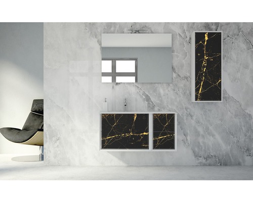 Modernt badrum med tvättställsskåp, spegelskåp och spegel