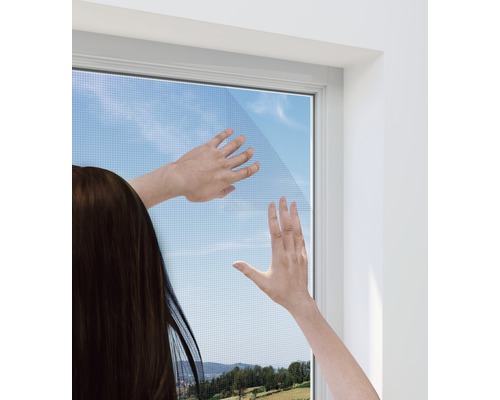 Kvinna monterar insektsnät på ett fönster