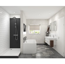 Ljust badrum med dusch, badkar, handfat och fönster för en modern inredning.