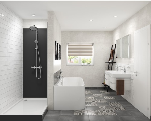 Ljust badrum med dusch, badkar, handfat och fönster för en modern inredning.