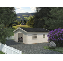 Trädgårdshus med garage och motorcykel i det gröna