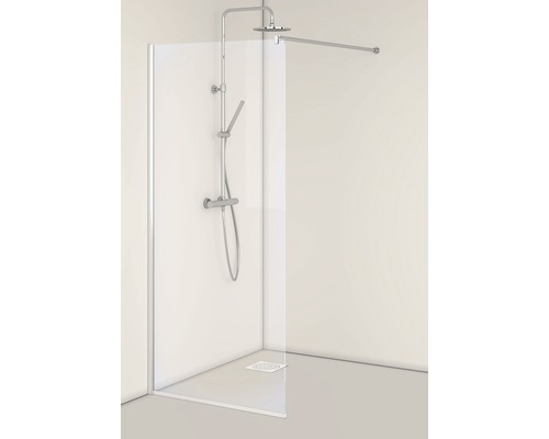 Walk-in dusch med duschvägg, duschhuvud och duschstång