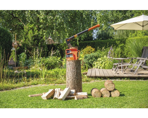 Trädgårdsmiljö med yxa och vedklyv på en trädstubbe, omgiven av träbitar