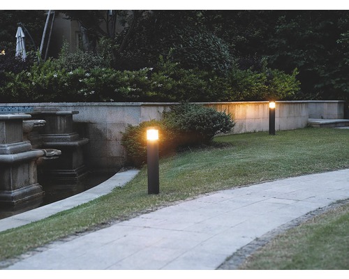 Upplyst trädgård med två trädgårdslampor längs en stig.